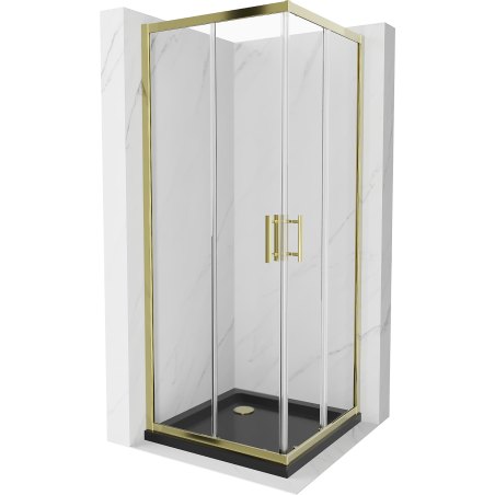 Mexen Rio cabine de douche carrée 90 x 90 cm, transparente, dorée + receveur Flat, noir- 860-090-090-50-00-4070G