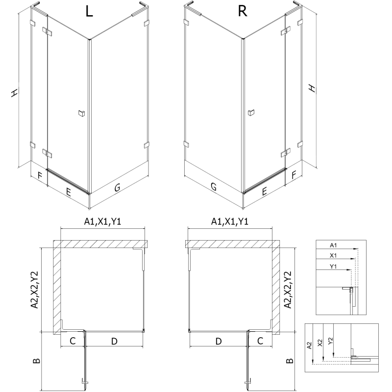 Mexen Lunar L cabine de douche pivotante droite 70 x 70 cm, transparent, blanc - 834L-070-070-20-00-P