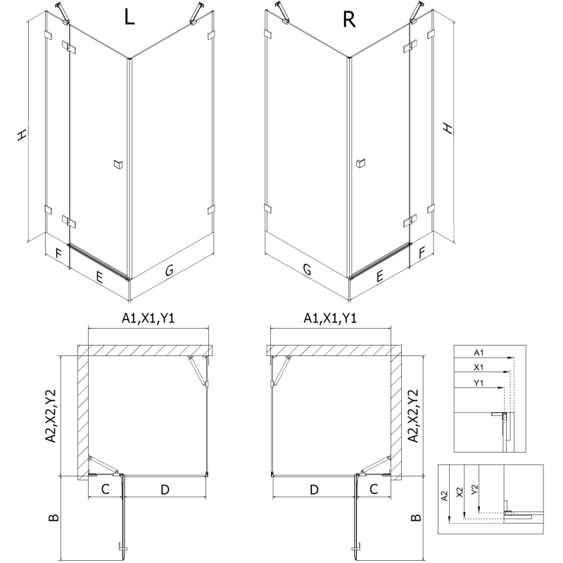 Mexen Lunar cabine de douche pivotante droite 100 x 100 cm, transparent, or brossé - 834-100-100-55-00-P