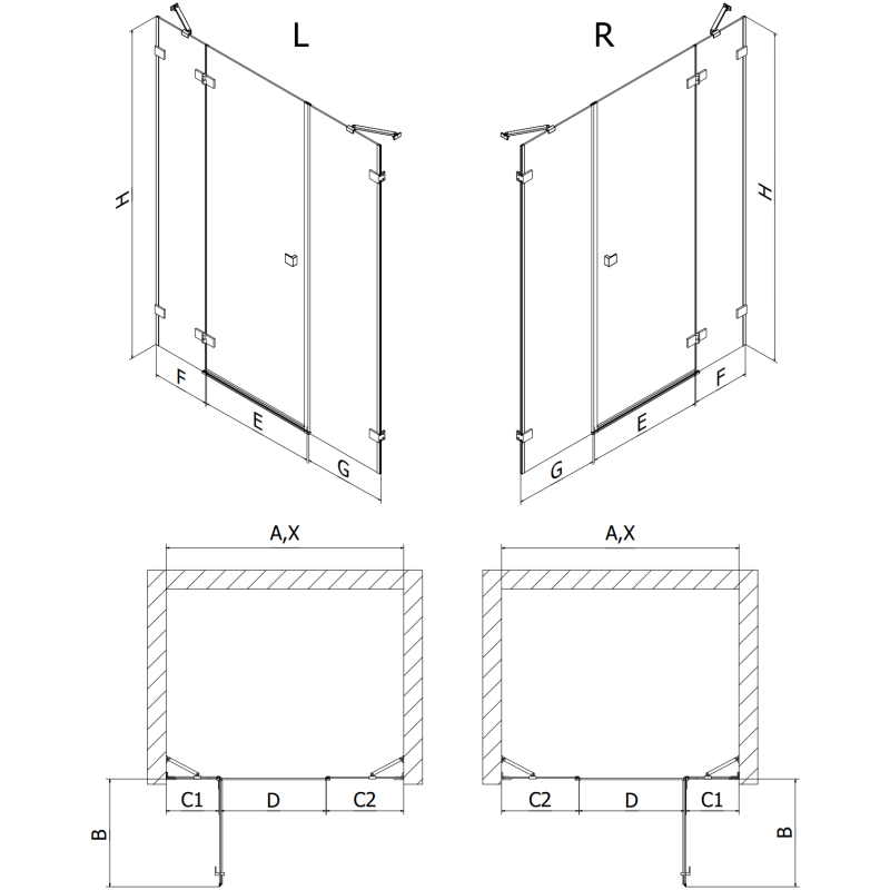 Mexen Lunar porte de douche pivotante gauche 155 cm, transparent, doré - 834S-155-050-50-00-L
