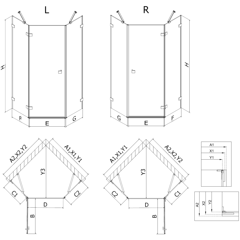 Mexen Lunar cabine de douche pentagonale pivotante gauche 80 x 80 cm, transparent, blanc - 831-080L-080P-20-00-L
