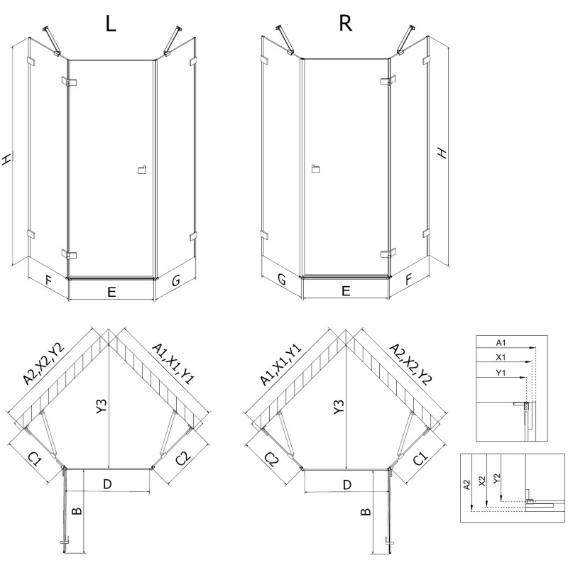 Mexen Lunar Cabine de douche pentagonale pivotante gauche 100 x 80 cm, transparente, or brossé - 831-100L-080P-55-00-L