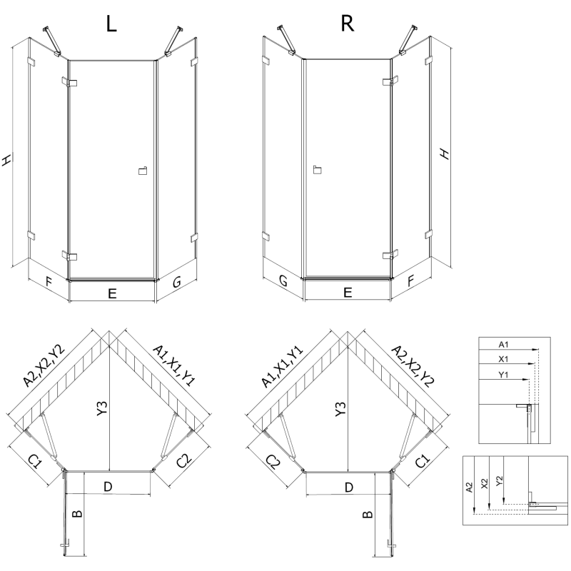 Mexen Lunar cabine de douche pentagonale pivotante droite 80 x 80 cm, transparent, noir - 831-080P-080L-70-00-P