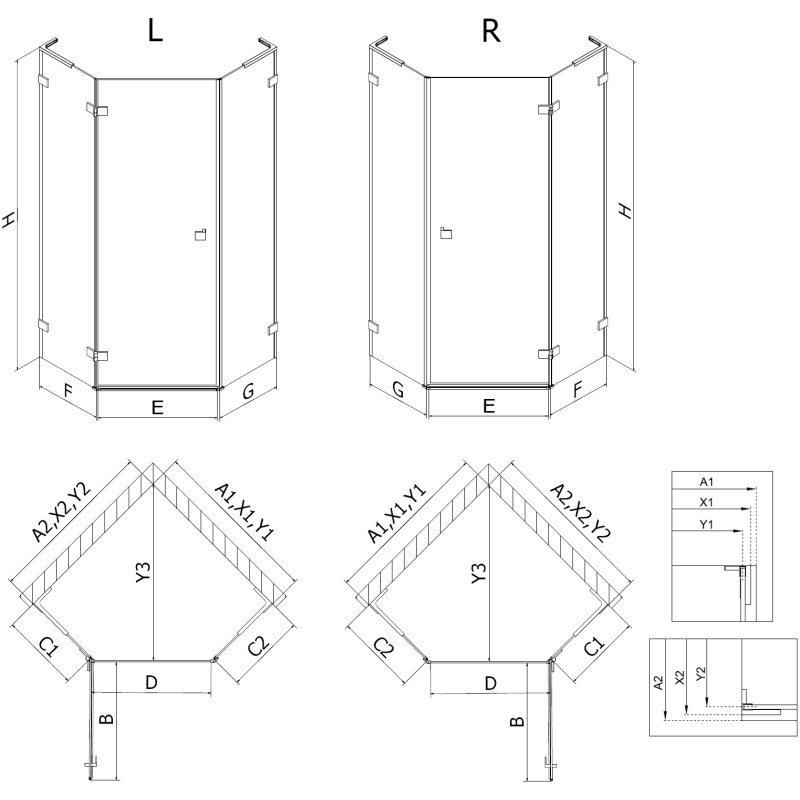 Mexen Lunar L Cabine de douche pentagonale pivotante gauche 100 x 100 cm, transparente, blanche - 831L-100L-100P-20-00-L
