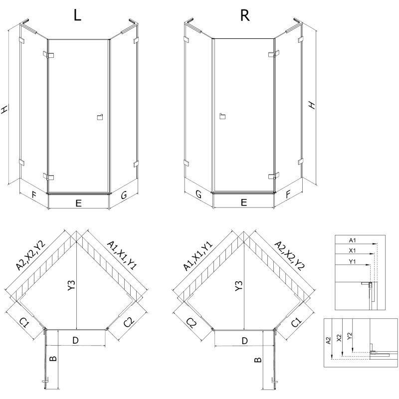 Mexen Lunar L cabine de douche pentagonale pivotante gauche 100 x 90 cm, transparent, blanc - 831L-100L-090P-20-00-L