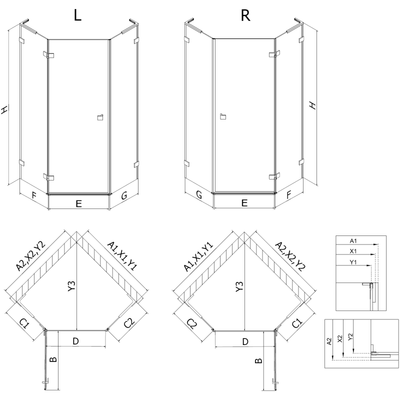 Mexen Lunar L cabine de douche pentagonale à charnière droite 90 x 80 cm, transparent, or rose - 831L-090P-080L-60-00-P