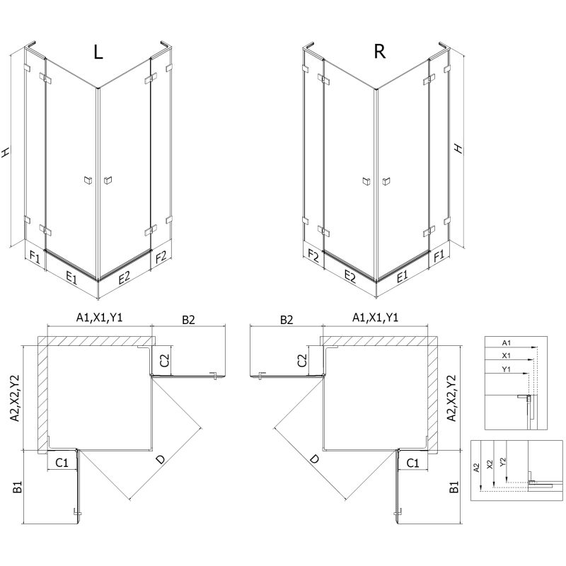 Mexen Lunar L Duo cabine de douche pivotante 105 x 105 cm, transparent, cuivre brossé - 834L-105L-105P-65-00