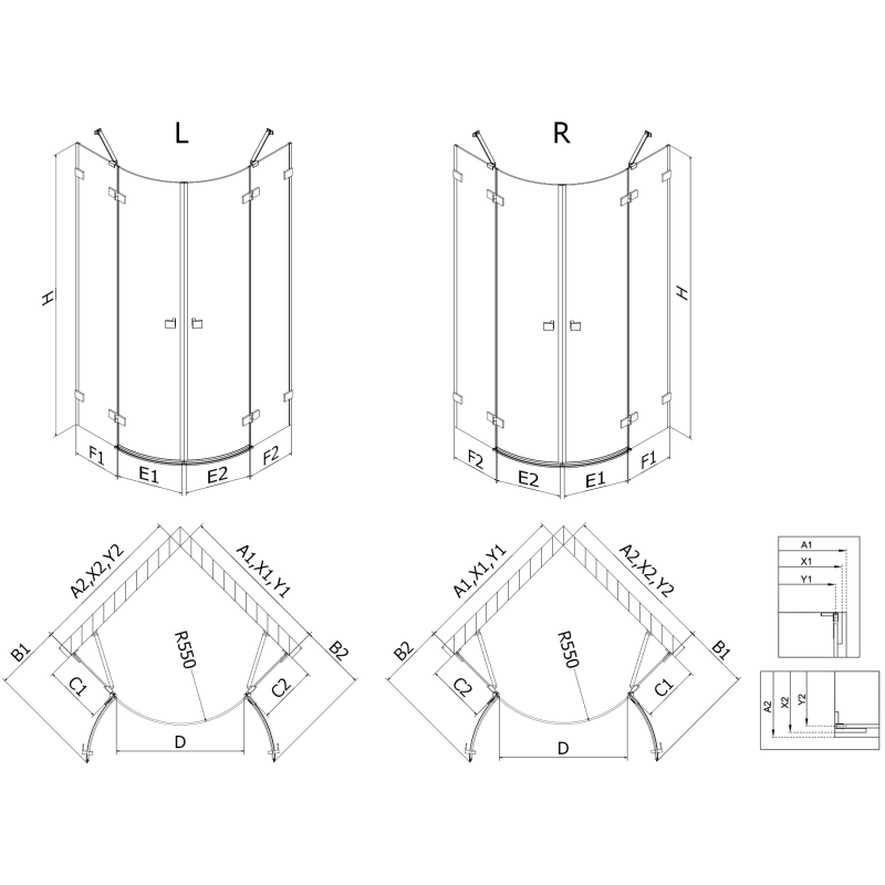 Mexen Lunar cabine de douche semi-circulaire pivotante droite 90 x 70 cm, transparente, gris canon brossé - 833-090P-070L-66-00