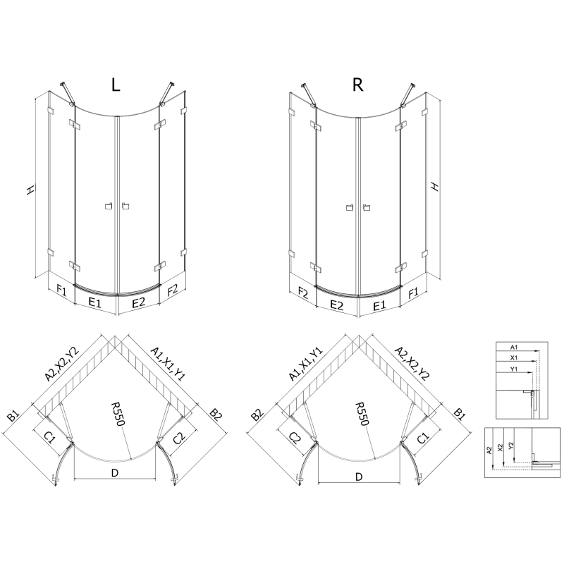 Mexen Lunar cabine de douche semi-circulaire pivotante droite 90 x 70 cm, transparent, noir - 833-090P-070L-70-00