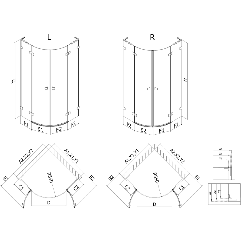 Mexen Lunar L cabine de douche semi-circulaire pivotante 90 x 90 cm, transparent, or brossé - 833L-090L-090P-55-00