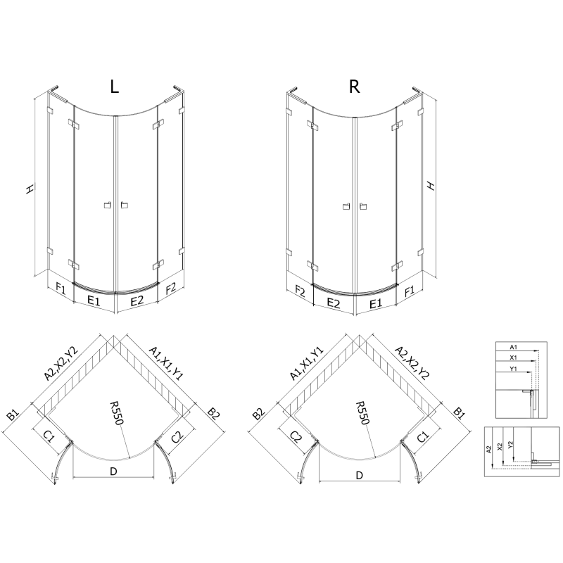 Mexen Lunar L cabine de douche semi-circulaire pivotante 90 x 90 cm, transparent, noir - 833L-090L-090P-70-00