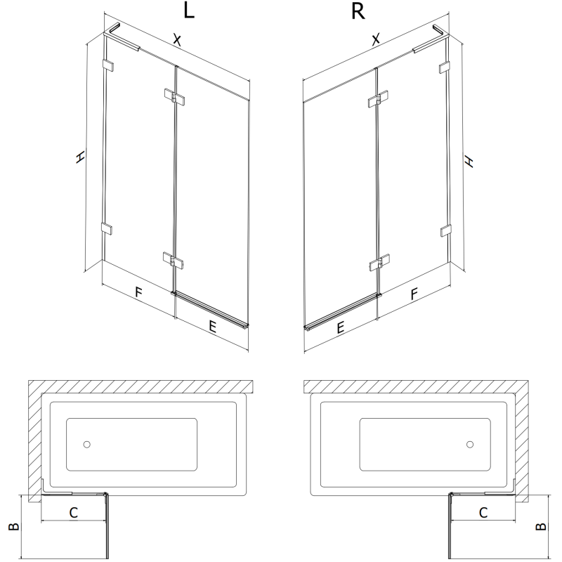 Mexen Lunar L paroi de baignoire 2 volets gauche 100 x 150 cm, transparent, nickel brossé - 897L-100-100-97-00-L