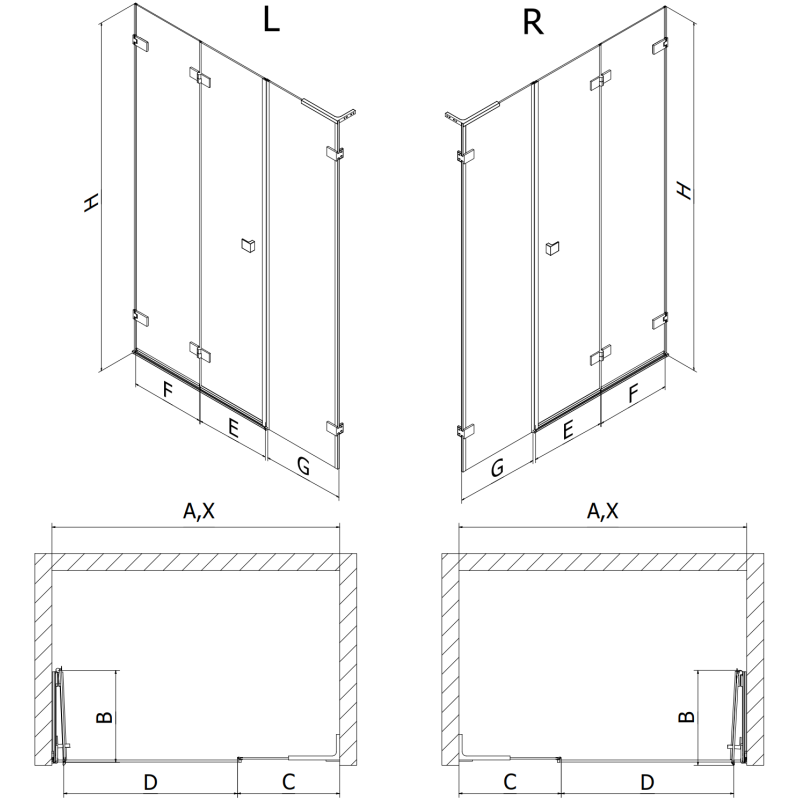 Mexen Lunar-F L portes de douche pliantes gauche 140 cm, transparent, noir - 836SL-140-050-70-00-L