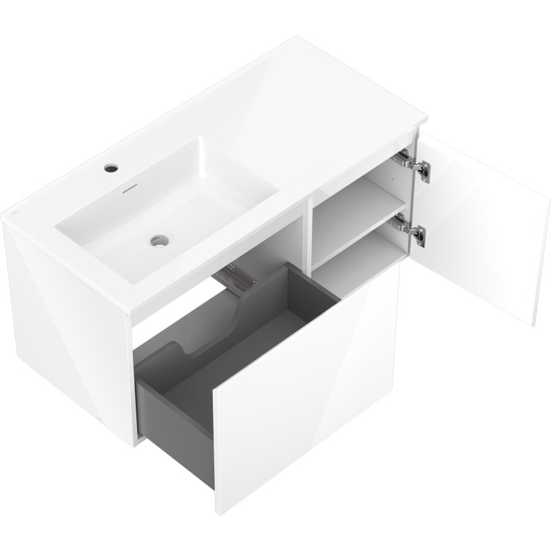Mexen Orio meuble de salle de bain 100 cm avec lavabo Otis gauche, 1S, 1D, blanc brillant - 91A13-10047-3-BBFF00-W18L00