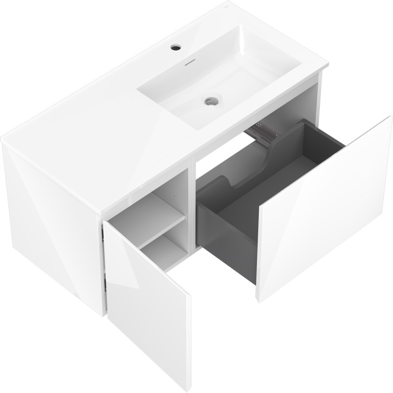 Mexen Orio meuble de salle de bain 100 cm avec lavabo Otis à droite, 1S, 1D, blanc brillant - 91A13-10047-3-BBFF00-W18P00