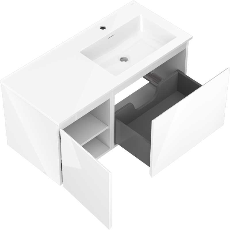 Mexen Orio meuble de salle de bains 100 cm avec lavabo Otis droit, 1S, 1D, blanc brillant - 91A13-10047-3-BBFF00-W18P00