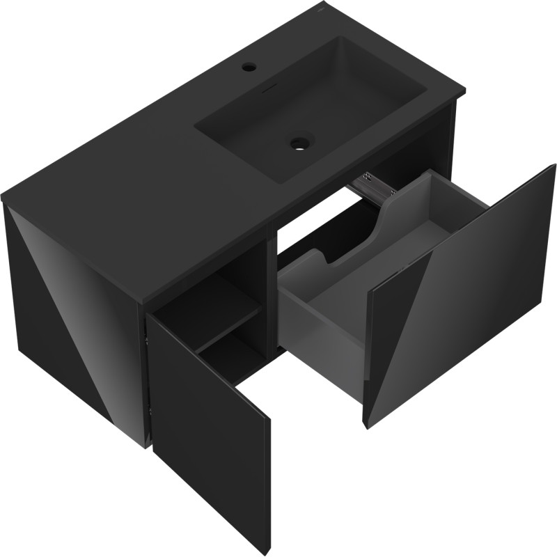 Mexen Orio armoire de salle de bain 100 cm avec lavabo Otis droit, 1S, 1D, noir brillant/noir mat - 91A13-10047-3-BBFF70-W18P71
