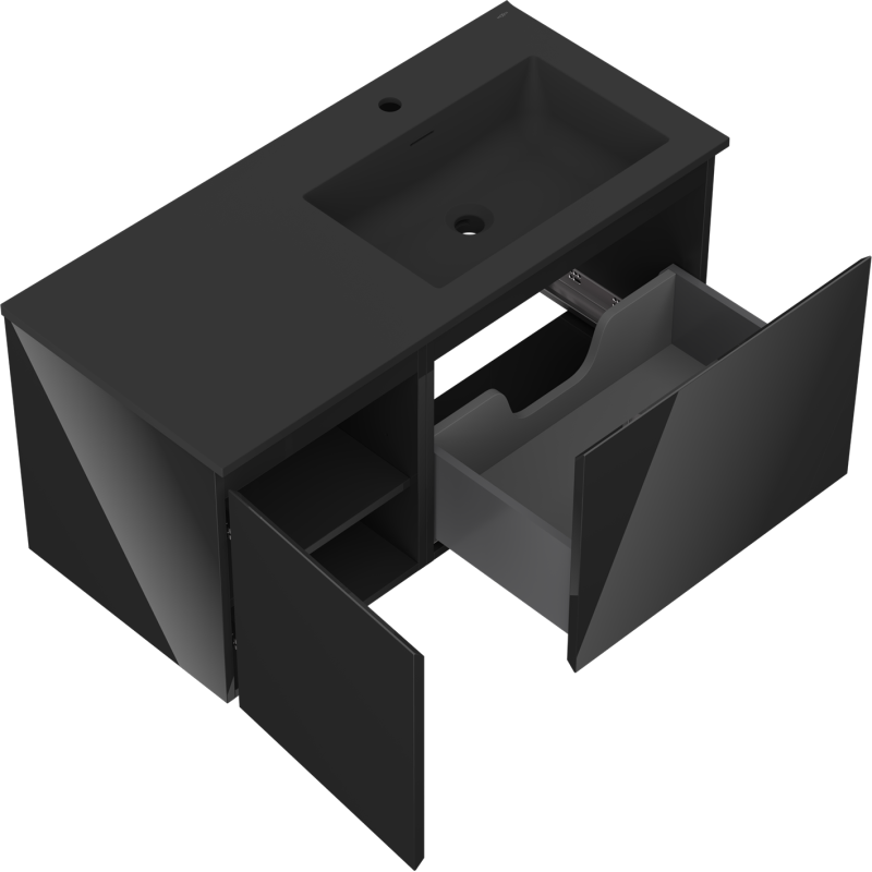 Mexen Orio meuble de salle de bains 100 cm avec lavabo Otis droit, 1S, 1D, noir brillant/noir mat - 91A13-10047-3-BBFF70-W18P71