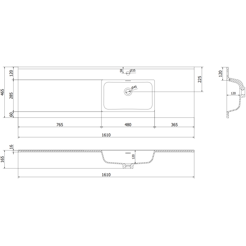 Mexen Orio meuble de salle de bains 160 cm avec lavabo Otis droit, 1S, 1D, gris mat/blanc mat - 91A13-16047-3-BBFF62-W18P01