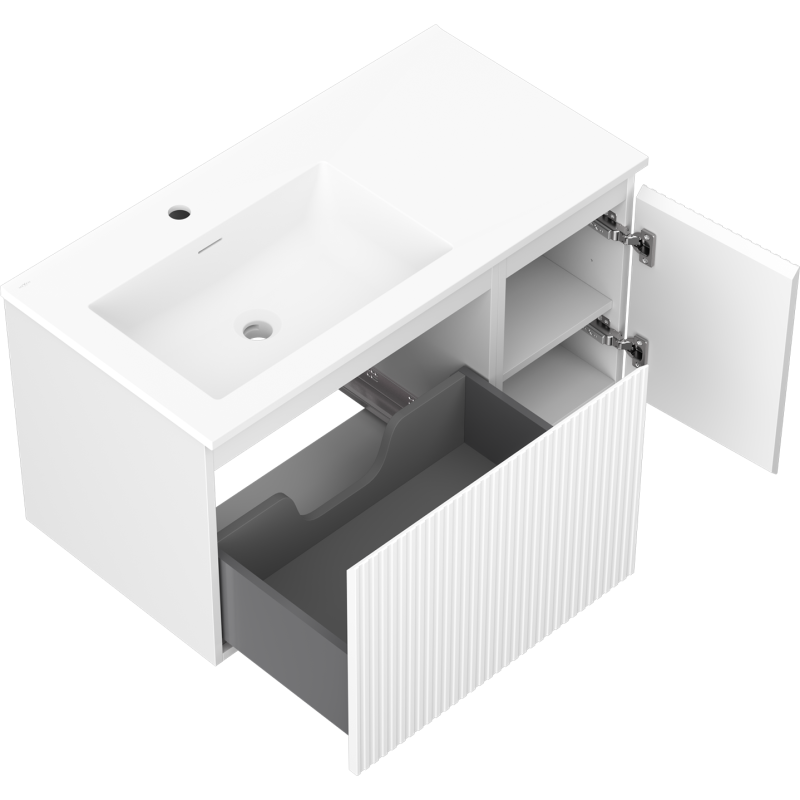 Mexen Rivel armoire de salle de bain 90 cm avec lavabo Otis gauche, 1S, 1D, rainuré, blanc mat - 91A23-09047-3-BBFF01-W18L01