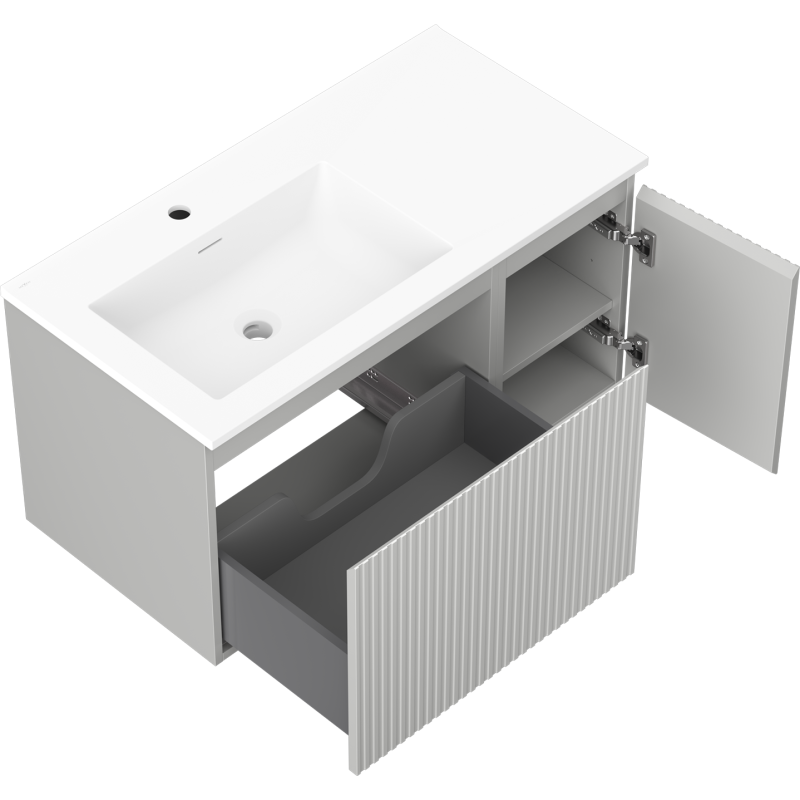 Mexen Rivel armoire de salle de bain 90 cm avec lavabo Otis gauche, 1S, 1D, cannelée, gris mat/blanc mat