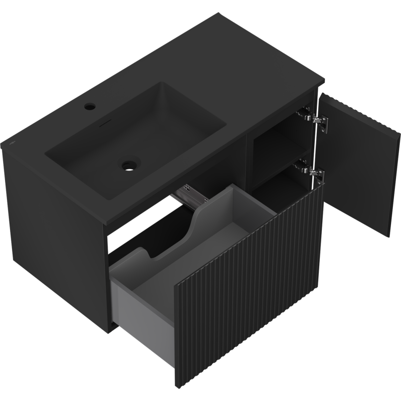Mexen Rivel armoire de salle de bains 90 cm avec lavabo Otis à gauche, 1S, 1D, rainurée, noir mat - 91A23-09047-3-BBFF71-W18L71