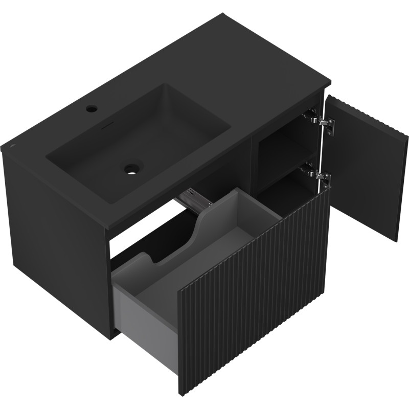 Mexen Rivel meuble de salle de bain 90 cm avec lavabo Otis gauche, 1S, 1P, rainuré, noir mat - 91A23-09047-3-BBFF71-W18L71