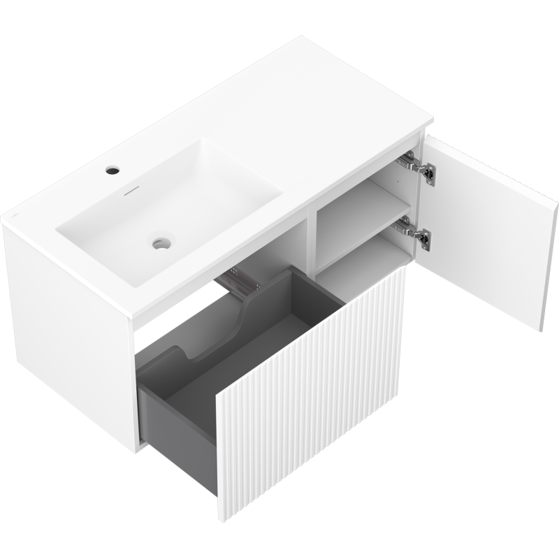 Mexen Rivel meuble de salle de bains 100 cm avec lavabo Otis à gauche, 1S, 1D, rainuré, blanc mat - 91A23-10047-3-BBFF01-W18L01