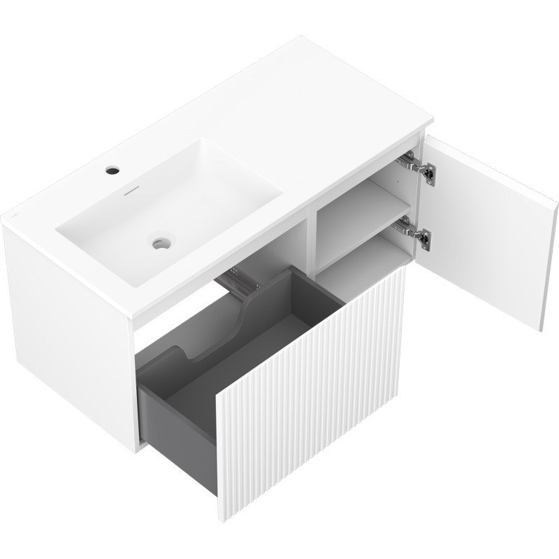 Mexen Rivel meuble de salle de bains 100 cm avec lavabo Otis à gauche, 1S, 1D, rainuré, blanc mat