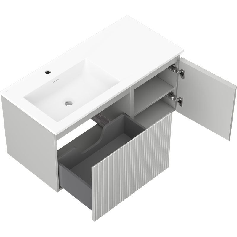 Mexen Rivel armoire de salle de bain 100 cm avec lavabo Otis gauche, 1S, 1D, rainurée, gris mat/blanc mat