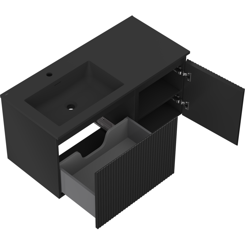 Mexen Rivel meuble de salle de bain 100 cm avec lavabo Otis gauche, 1S, 1D, rainuré, noir mat - 91A23-10047-3-BBFF71-W18L71