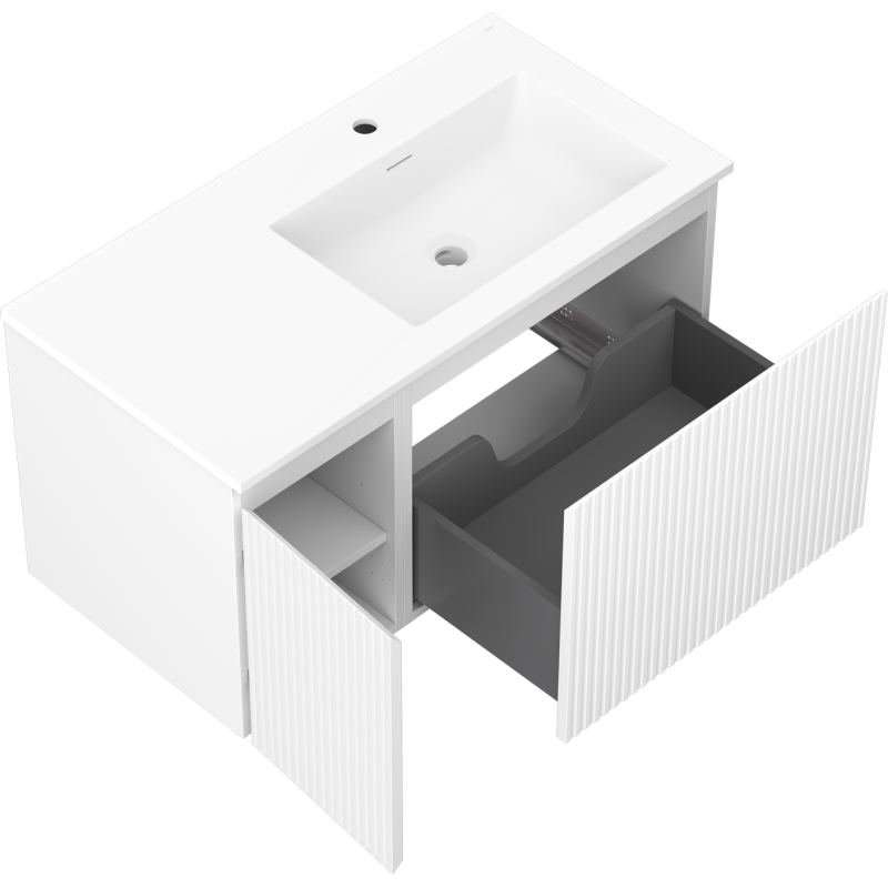 Mexen Rivel meuble de salle de bain 90 cm avec lavabo Otis droite, 1S, 1D, rainuré, blanc mat - 91A23-09047-3-BBFF01-W18P01