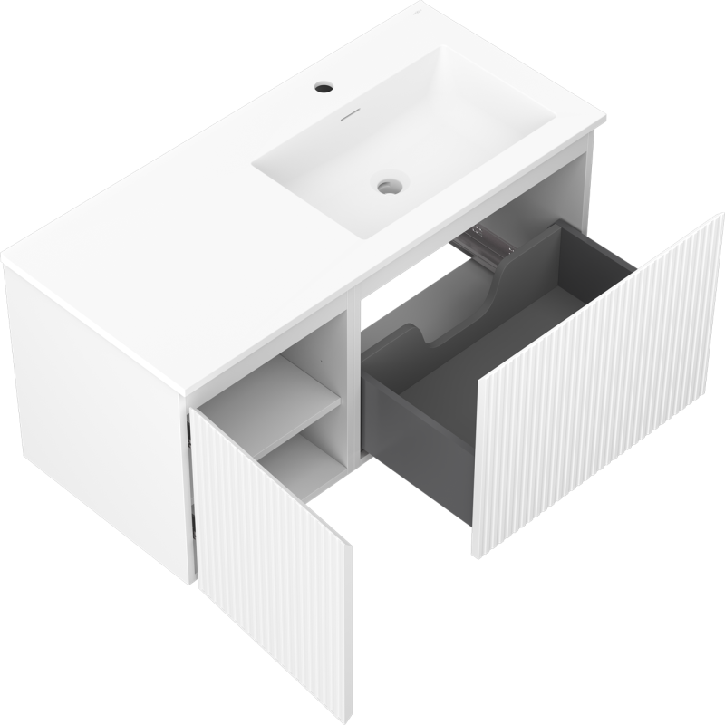 Mexen Rivel meuble de salle de bain 100 cm avec lavabo Otis à droite, 1T, 1P, rainuré, blanc mat - 91A23-10047-3-BBFF01-W18P01