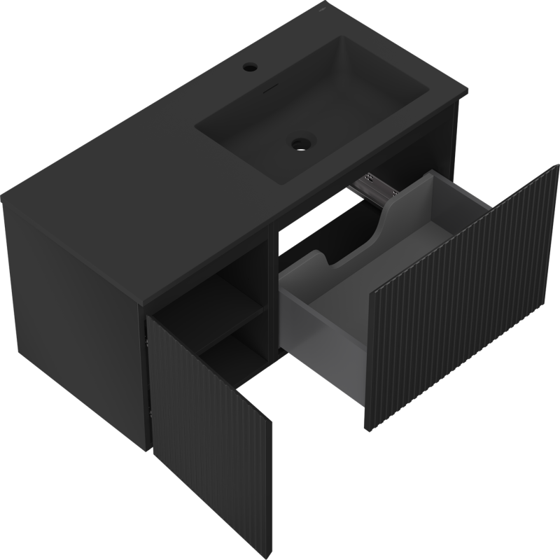 Mexen Rivel meuble de salle de bain 100 cm avec lavabo Otis à droite, 1T, 1P, rainuré, noir mat - 91A23-10047-3-BBFF71-W18P71