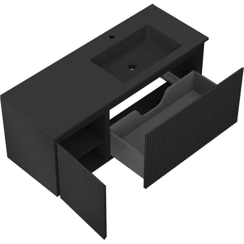 Mexen Rivel meuble de salle de bains 120 cm avec lavabo Otis à droite, 1S, 1D, rainuré, noir mat - 91A23-12047-3-BBFF71-W18P71