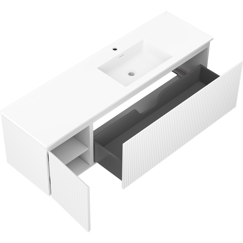 Mexen Rivel meuble de salle de bains 160 cm avec lavabo Otis à droite, 1S, 1D, rainuré, blanc mat - 91A23-16047-3-BBFF01-W18P01