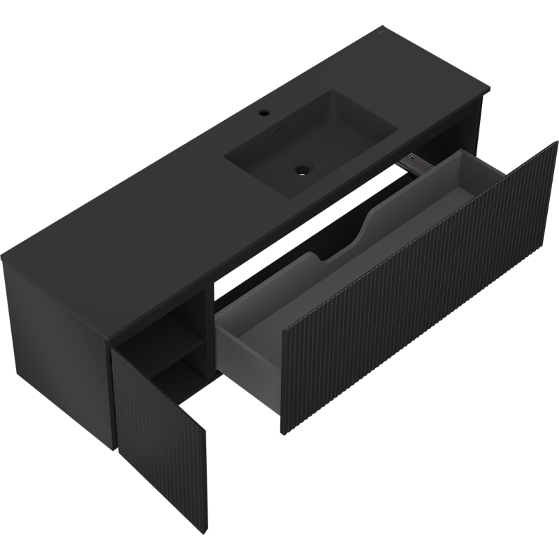 Mexen Rivel meuble de salle de bains 160 cm avec lavabo Otis à droite, 1S, 1D, rainuré, noir mat - 91A23-16047-3-BBFF71-W18P71