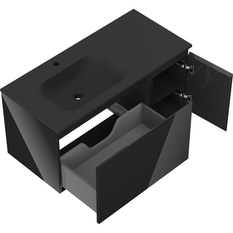 Mexen Orio meuble de salle de bain 90 cm avec lavabo Vela gauche, 1S, 1D, noir brillant/noir mat - 91A13-09047-3-BBFF70-W23L71