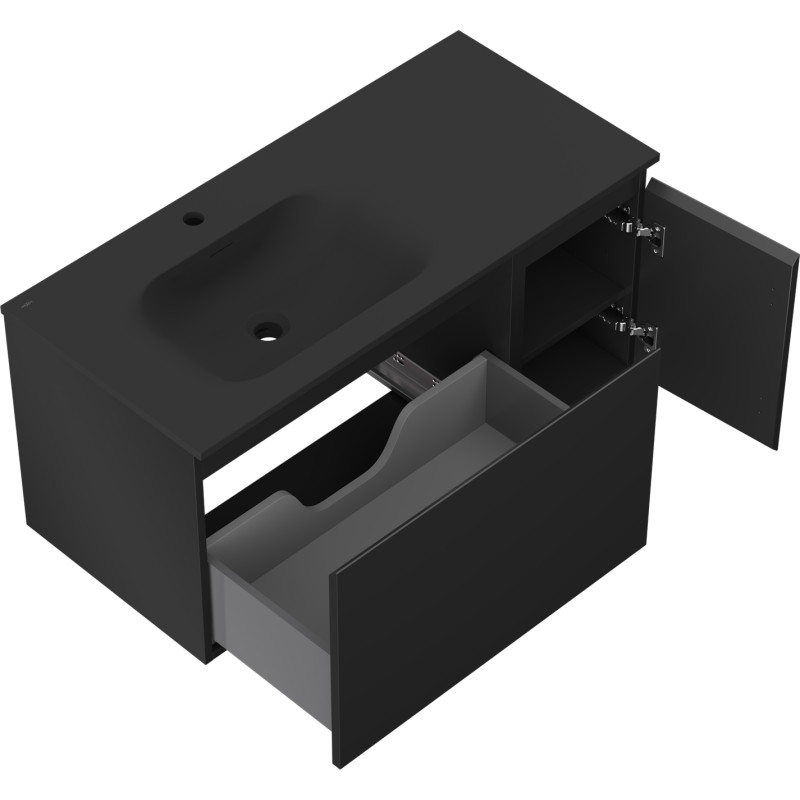 Mexen Orio armoire de salle de bain 90 cm avec lavabo Vela à gauche, 1 tiroir, 1 porte, noir mat - 91A13-09047-3-BBFF71-W23L71