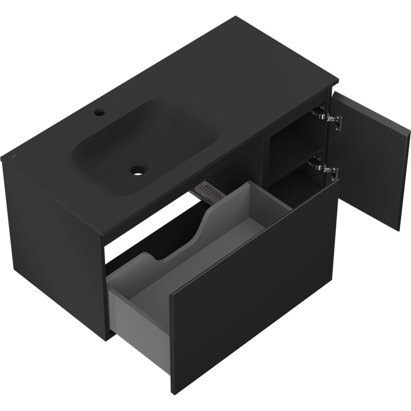 Mexen Orio armoire de salle de bains 90 cm avec lavabo Vela gauche, 1S, 1D, noir mat - 91A13-09047-3-BBFF71-W23L71