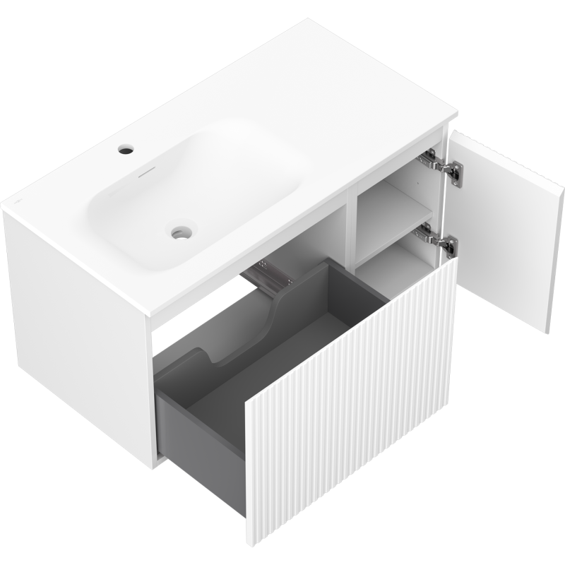 Mexen Rivel meuble de salle de bain 90 cm avec lavabo Vela à gauche, 1S, 1D, rainuré, blanc mat - 91A23-09047-3-BBFF01-W23L01