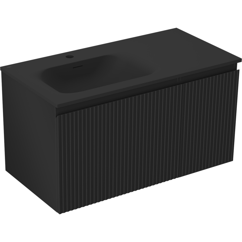 Mexen Rivel meuble de salle de bain 90 cm avec lavabo Vela gauche, 1S, 1D, rainuré, noir mat - 91A23-09047-3-BBFF71-W23L71