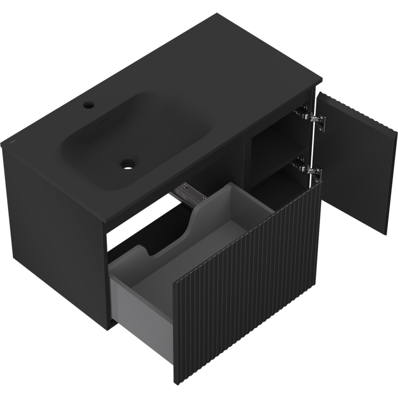 Mexen Rivel meuble de salle de bain 90 cm avec lavabo Vela gauche, 1S, 1D, rainuré, noir mat - 91A23-09047-3-BBFF71-W23L71