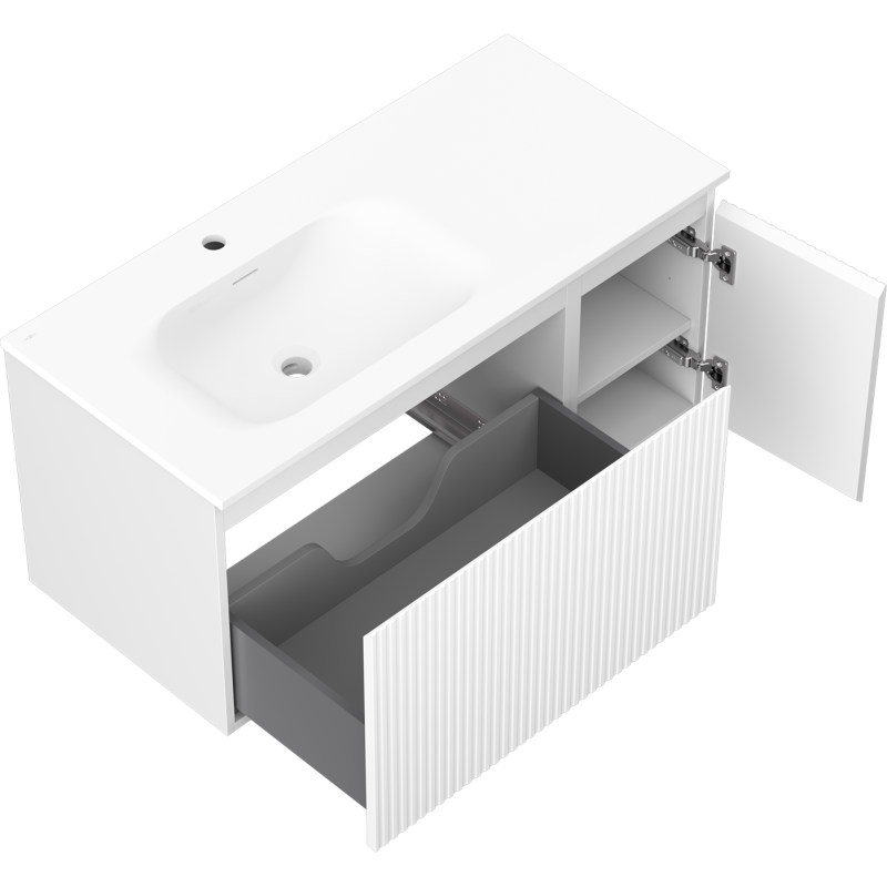 Mexen Rivel meuble de salle de bains 100 cm avec lavabo Vela à gauche, 1S, 1D, rainuré, blanc mat - 91A23-10047-3-BBFF01-W23L01