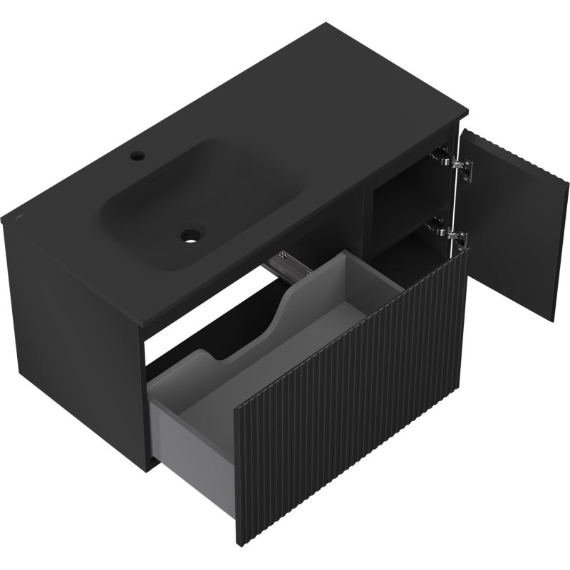 Mexen Rivel meuble de salle de bain 100 cm avec lavabo Vela gauche, 1S, 1D, rainuré, noir mat - 91A23-10047-3-BBFF71-W23L71