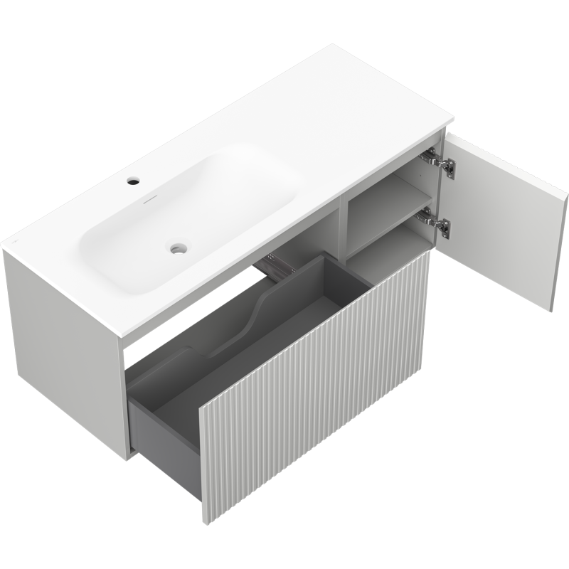 Mexen Rivel armoire de salle de bain 120 cm avec lavabo Vela gauche, 1T, 1P, cannelée, gris mat/blanc mat