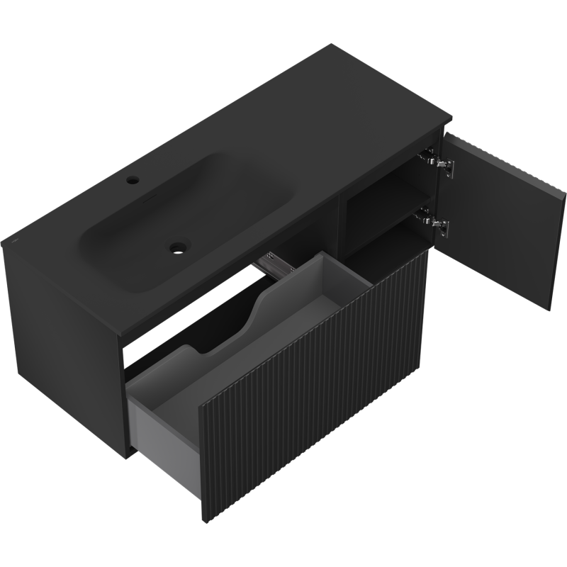 Mexen Rivel meuble de salle de bain 120 cm avec lavabo Vela gauche, 1S, 1D, rainuré, noir mat - 91A23-12047-3-BBFF71-W23L71