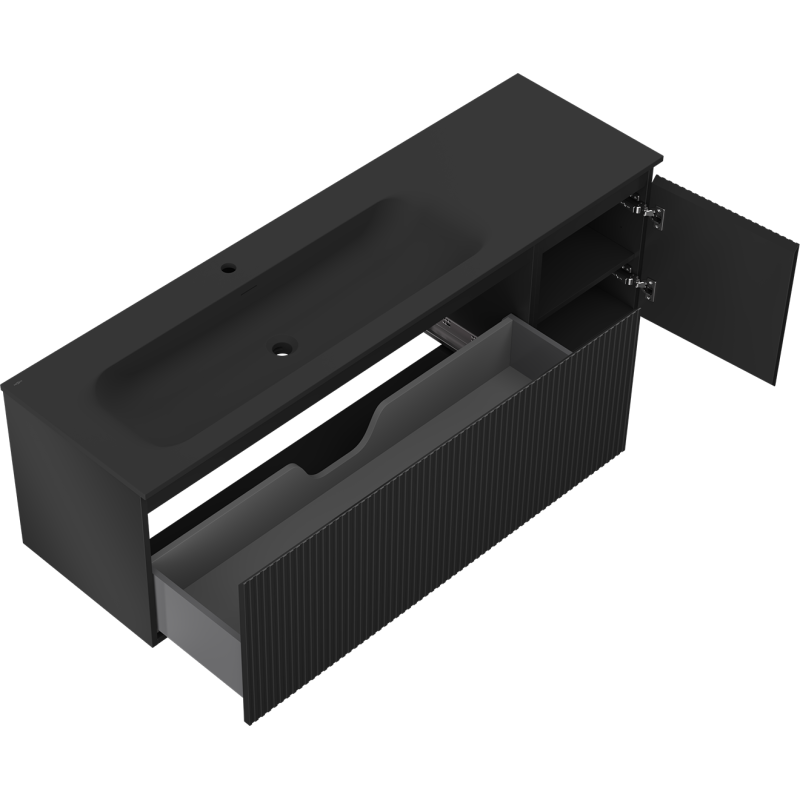 Mexen Rivel armoire de salle de bain 160 cm avec lavabo Vela gauche, 1S, 1D, rainuré, noir mat - 91A23-16047-3-BBFF71-W23L71