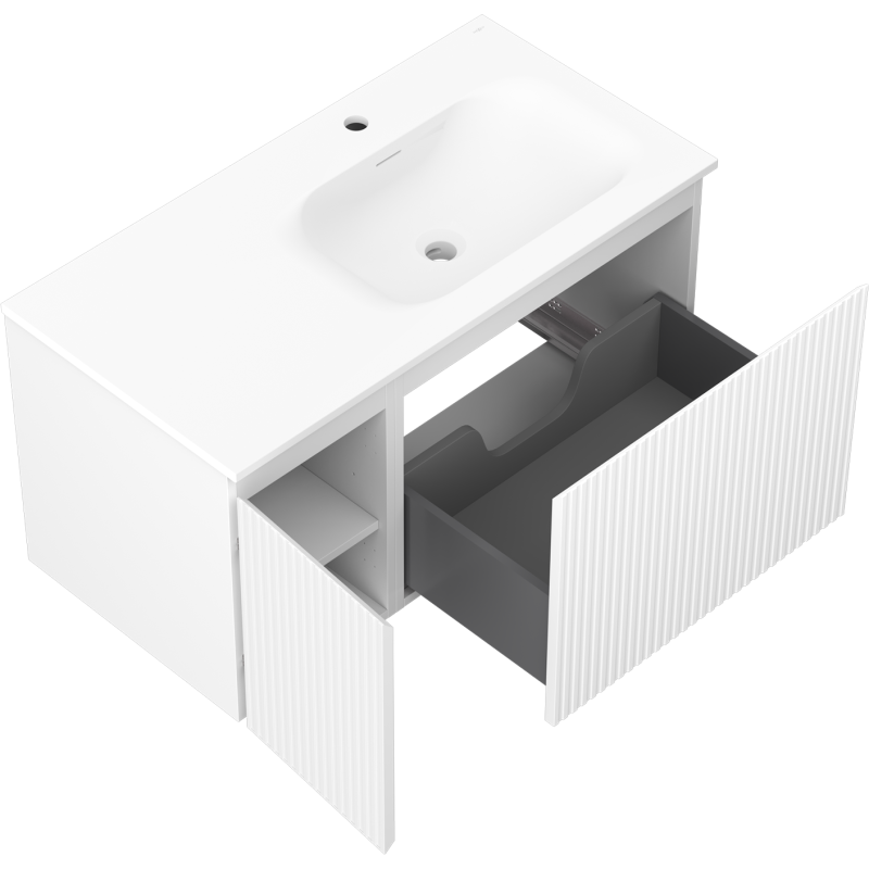 Mexen Rivel meuble de salle de bains 90 cm avec lavabo Vela à droite, 1S, 1D, rainuré, blanc mat - 91A23-09047-3-BBFF01-W23P01