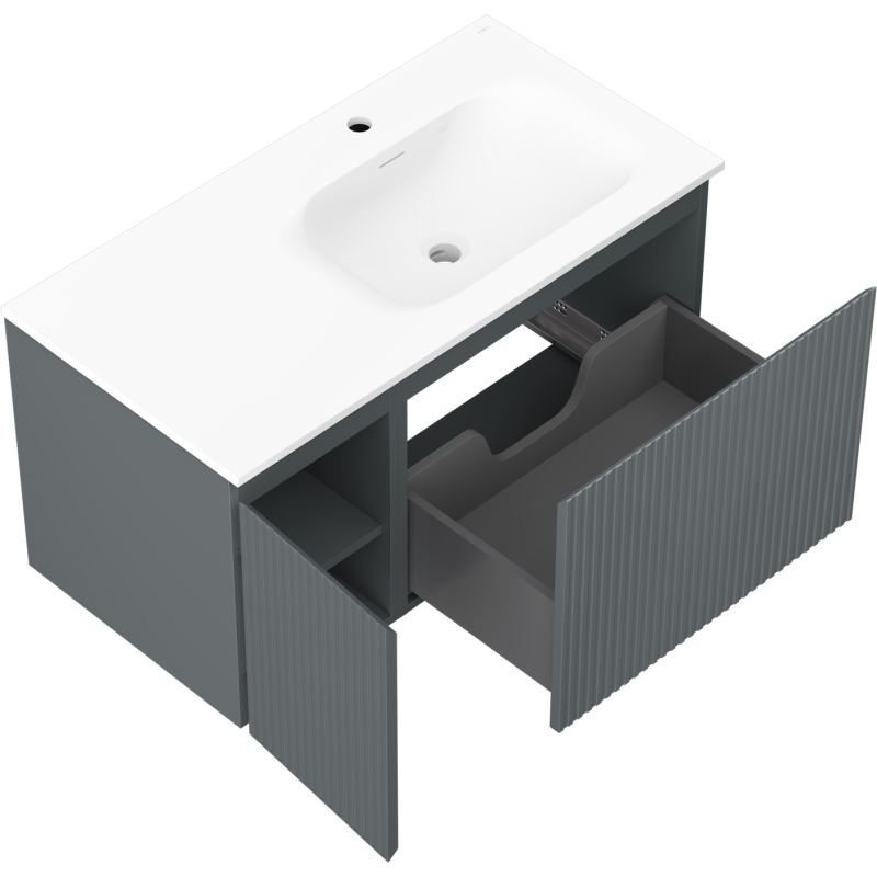 Mexen Rivel armoire de salle de bains 90 cm avec lavabo Vela à droite, 1S, 1D, rainurée, graphite mat/blanc mat